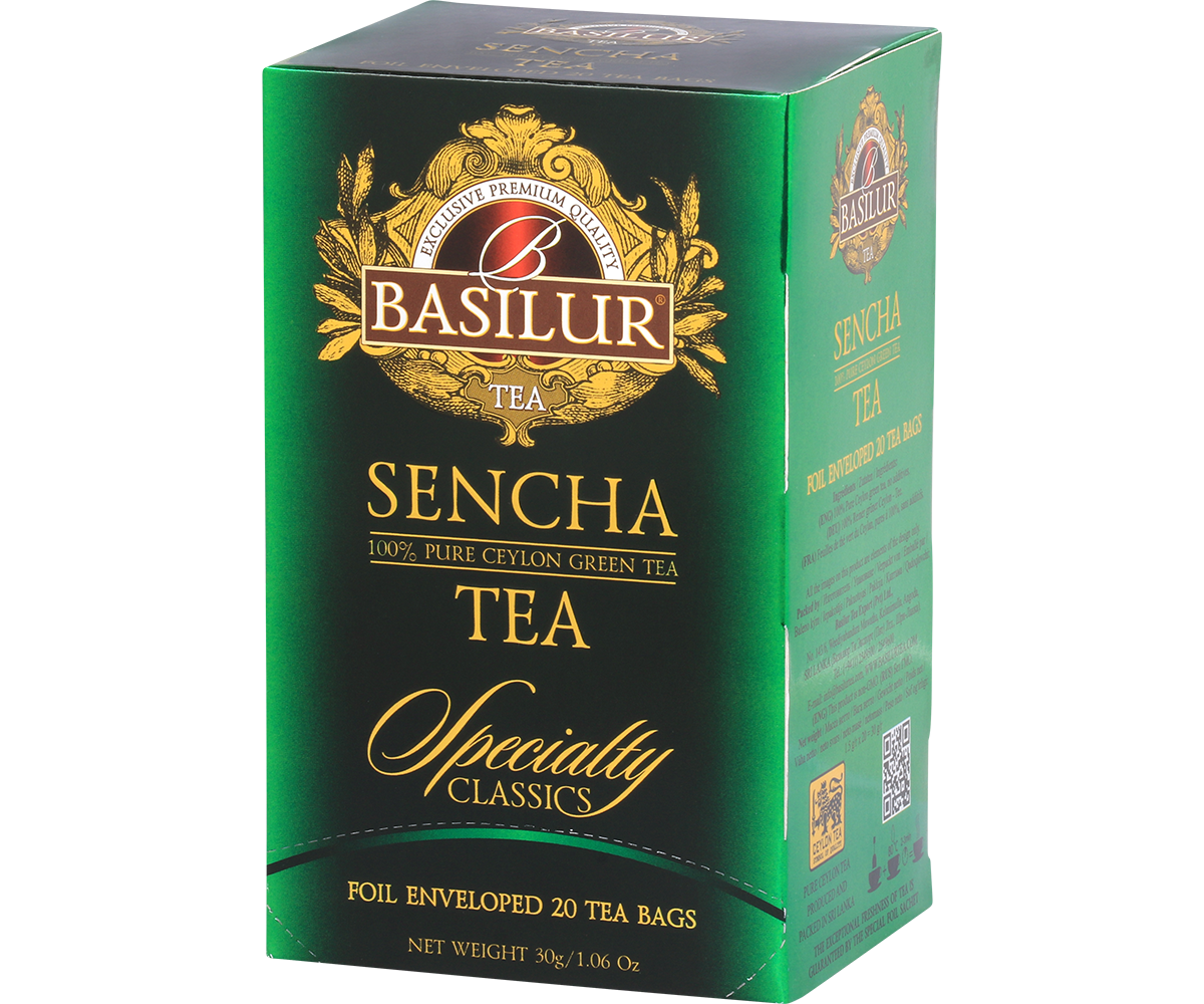 Bok opakowania Basilur Sencha z charakterystycznym logo marki.