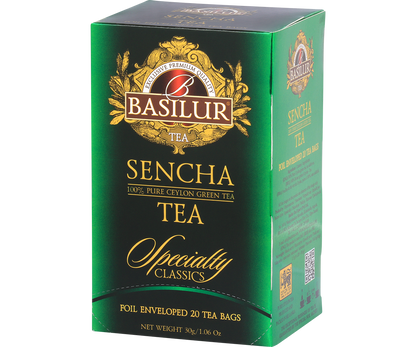 Bok opakowania Basilur Sencha z charakterystycznym logo marki.