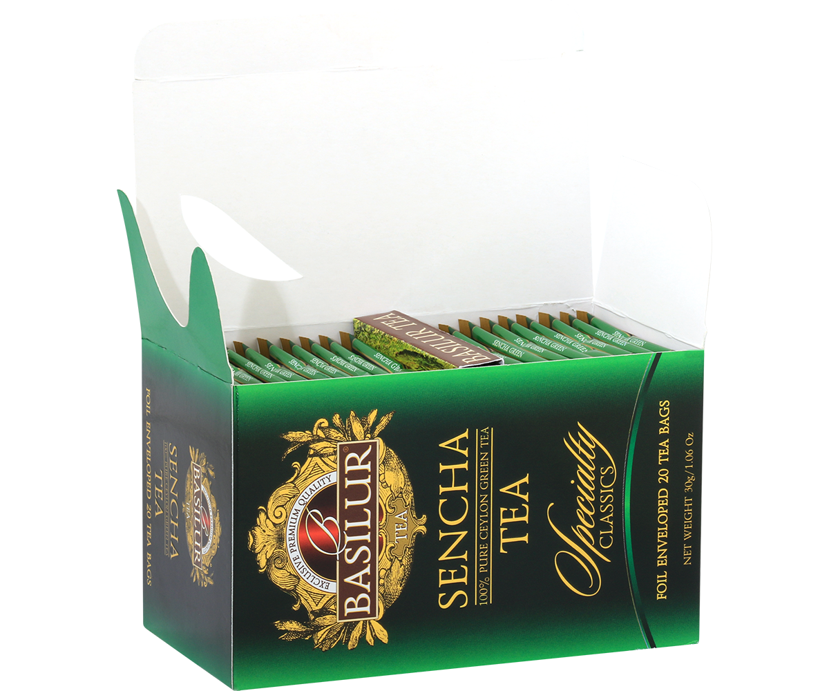 Otwarta herbata Basilur Sencha z widocznymi foliowanymi kopertami.