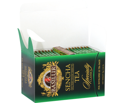 Otwarta herbata Basilur Sencha z widocznymi foliowanymi kopertami.