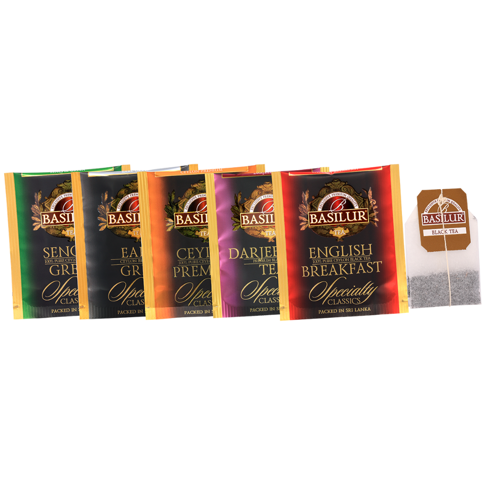 Zbliżenie na zestaw kopert herbat Basilur Specialty Classics.