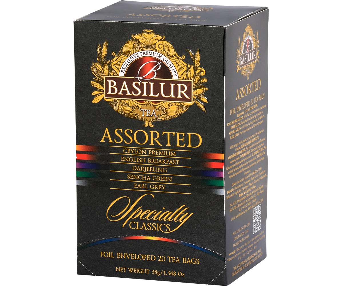 Bok opakowania Basilur Specialty Classics z opisem smaków.