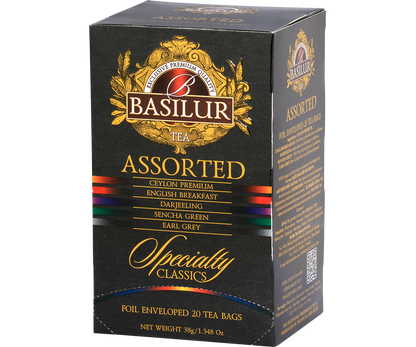 Bok opakowania Basilur Specialty Classics z opisem smaków.