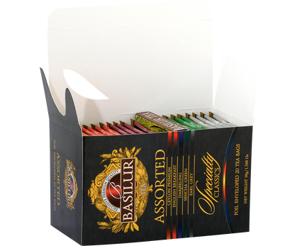 Otwarta paczka Basilur Assorted z widocznymi saszetkami herbat.