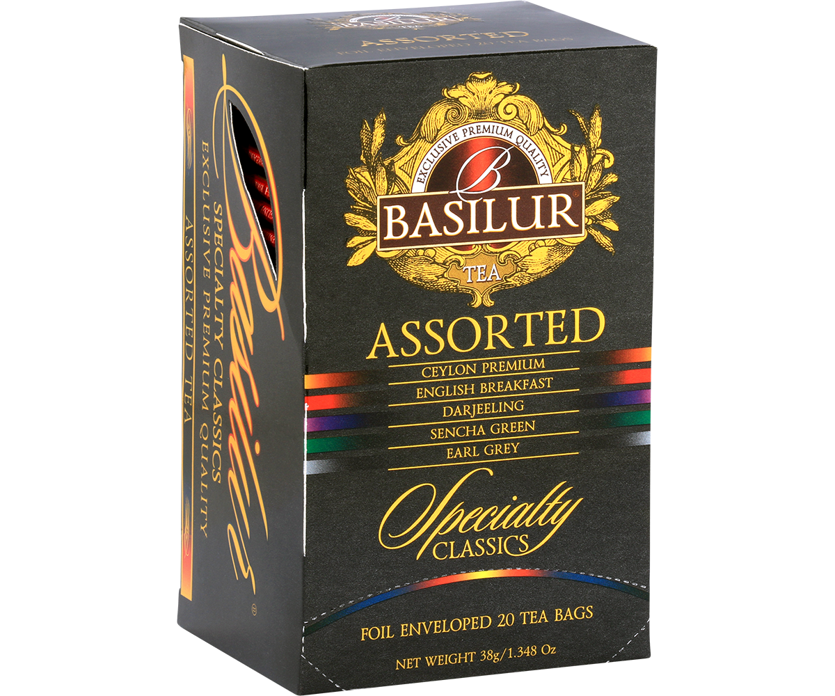 Bok opakowania Basilur Specialty Classics z opisem smaków.