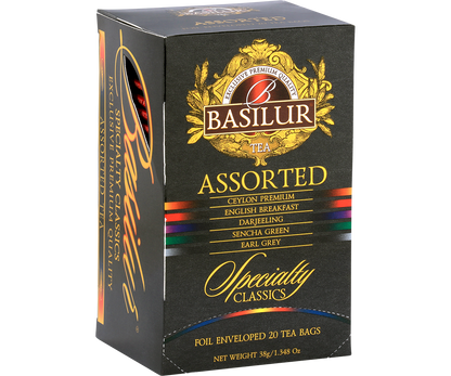 Bok opakowania Basilur Specialty Classics z opisem smaków.