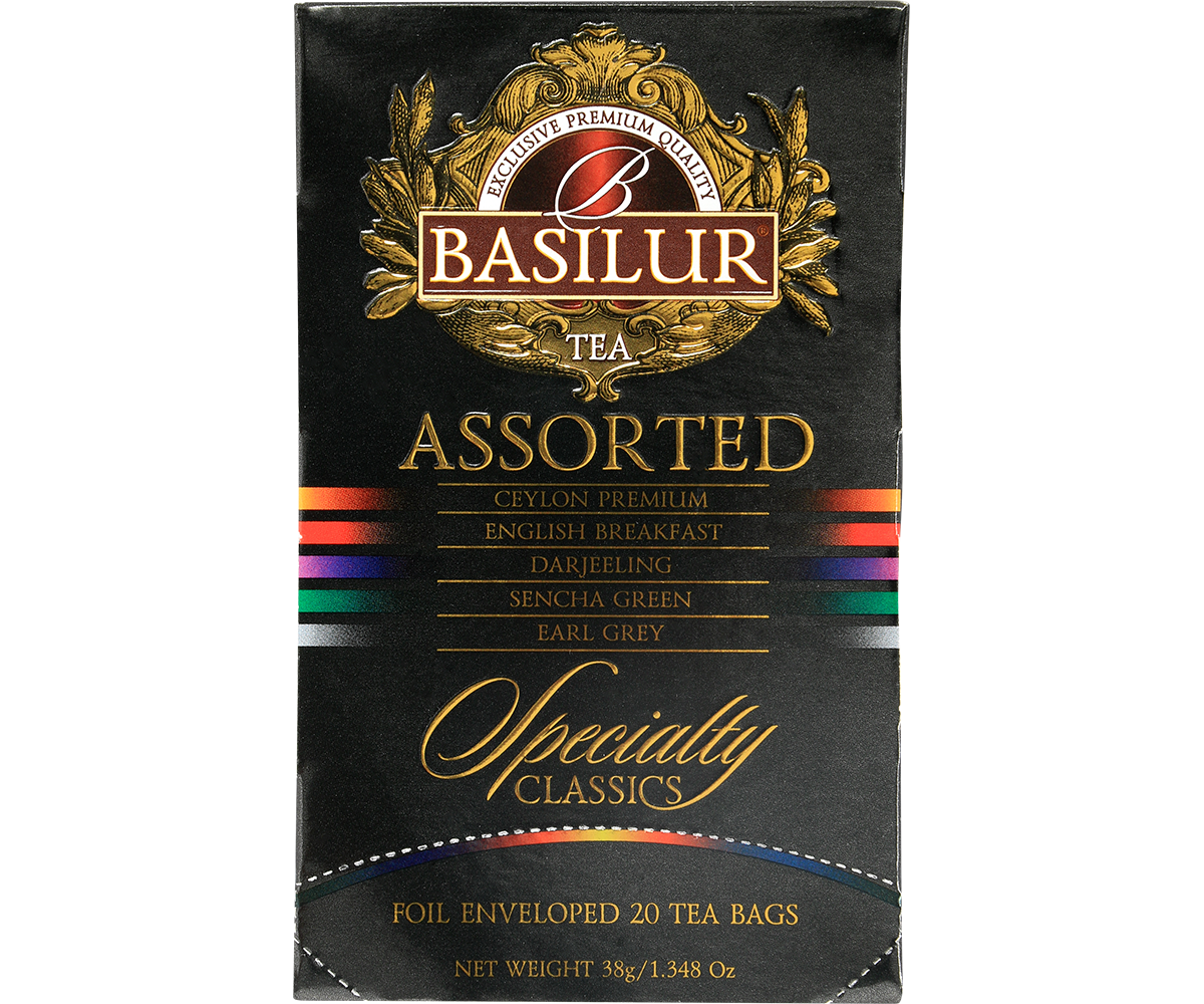 Kolorowe koperty herbat Basilur Assorted – Ceylon, Darjeeling, Sencha, Earl Grey, English Breakfast.