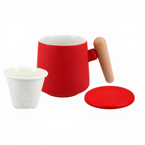Kubek ceramiczny z sitkiem i przykrywką Czerwony - 400 ml