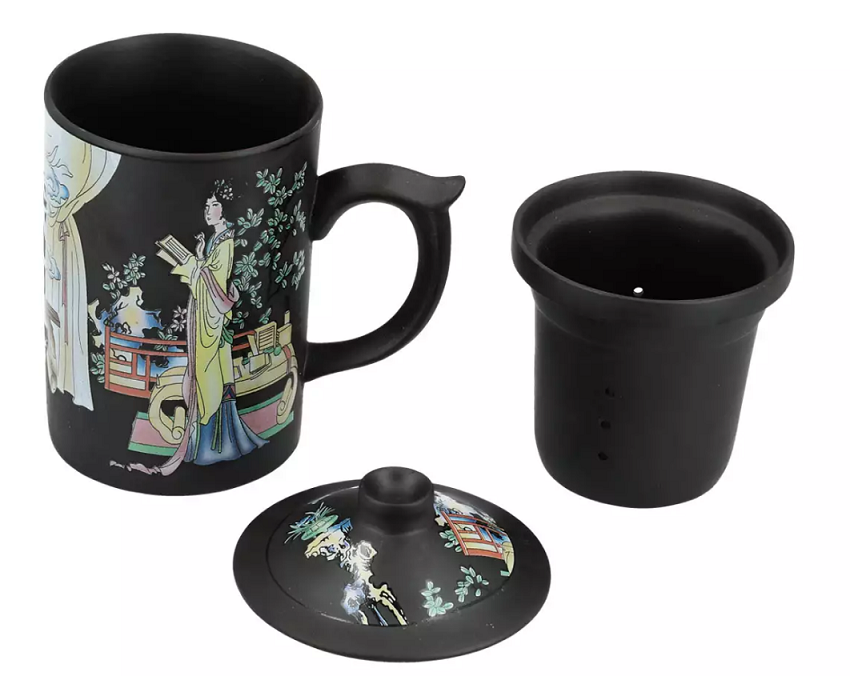 Czarny kubek Gejsza z zaparzaczem i przykrywką, 250 ml.