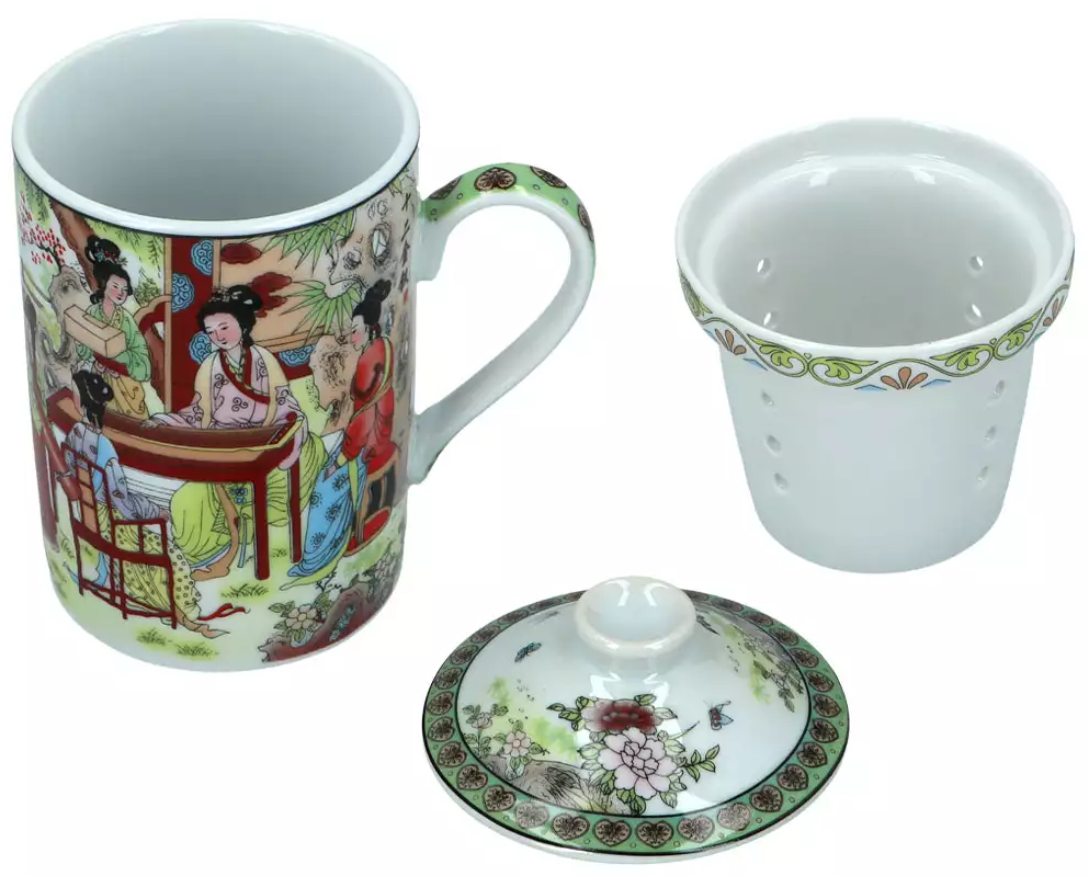 Kubek Gejsza wzór 1 z zaparzaczem i pokrywką pokazany w elementach zestawu.