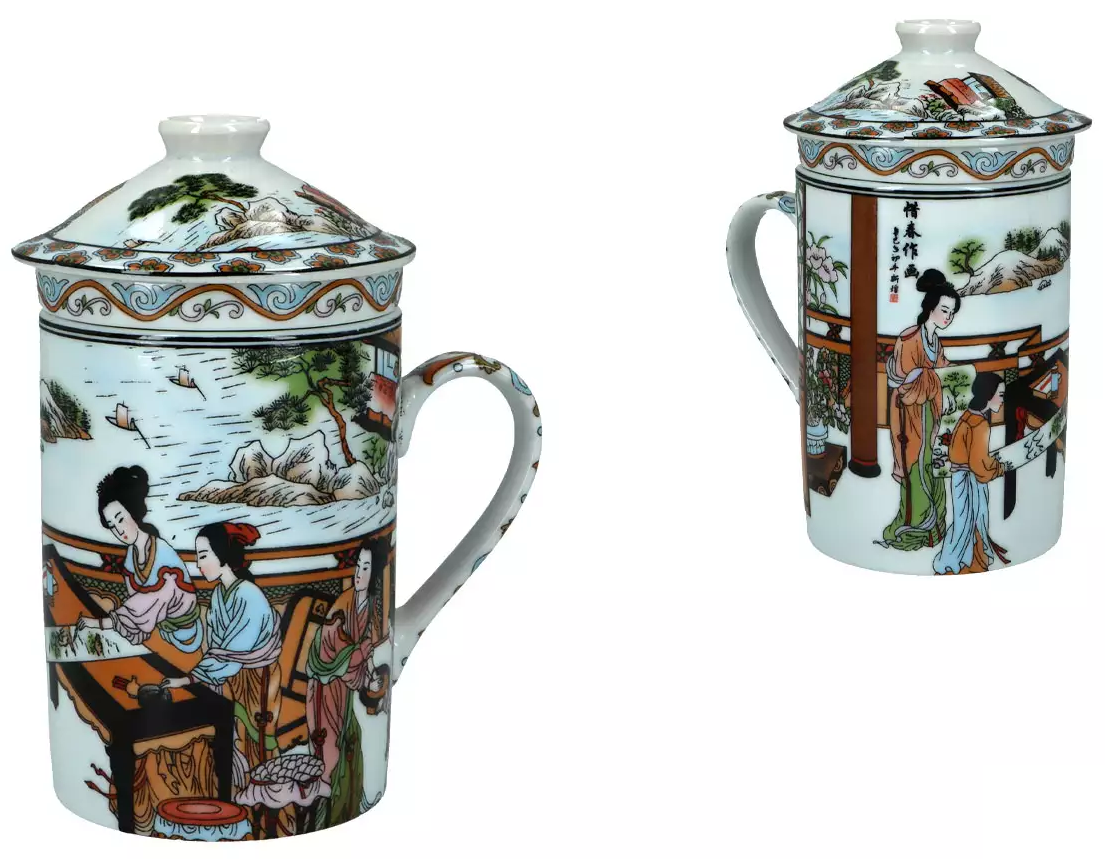 Porcelanowy kubek 250 ml z motywem gejsz, widok z przodu.