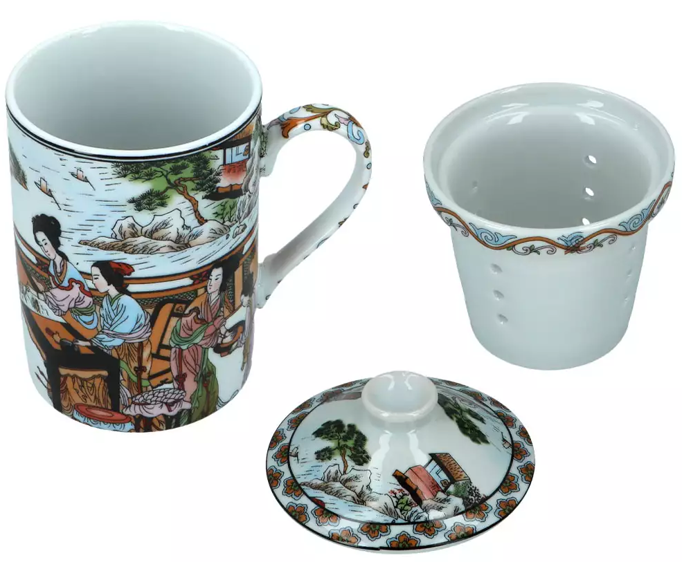 Zestaw kubek z gejszami – porcelanowy kubek 250 ml z zaparzaczem, przykrywką.
