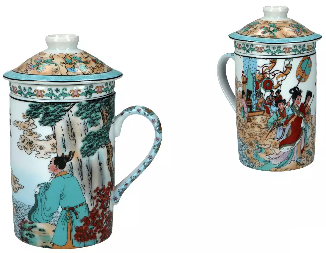 Kubek porcelanowy z zaparzaczem Gejsza wzór 1 – kolorowy orientalny motyw, widok z przodu.