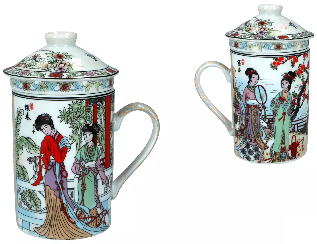 Kubek porcelanowy z zaparzaczem Gejsza wzór 4, widok z przodu.