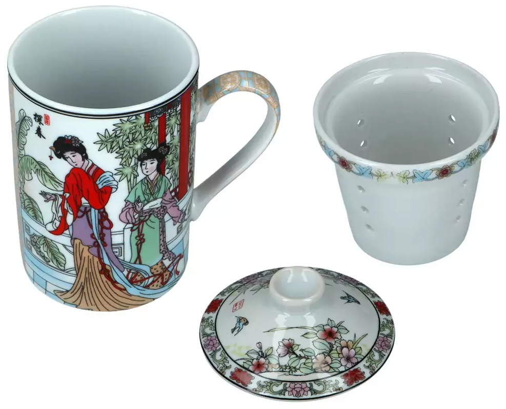 Kubek Gejsza wzór 4 z zaparzaczem i pokrywką, widok zestawu.