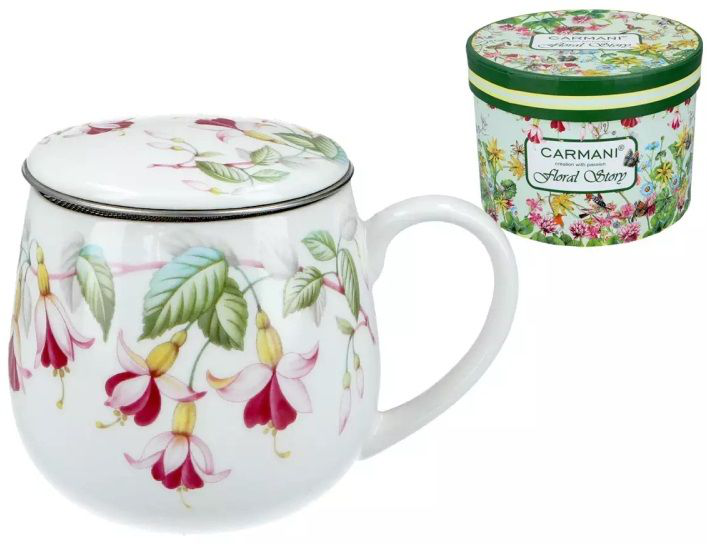 Kubek porcelanowy Floral Story 1 z zaparzaczem i pokrywką – zestaw 420 ml
