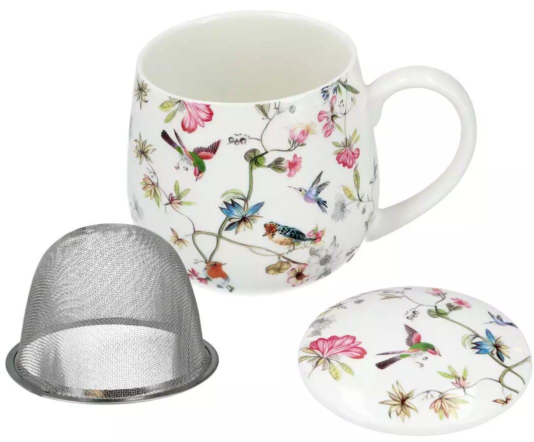 Kubek porcelanowy z zaparzaczem Floral Story 2 z kwiatowym wzorem i ptakami widok z przodu