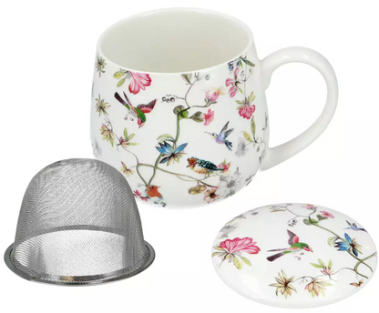 Kubek porcelanowy z zaparzaczem Floral Story 2 z kwiatowym wzorem i ptakami widok z przodu