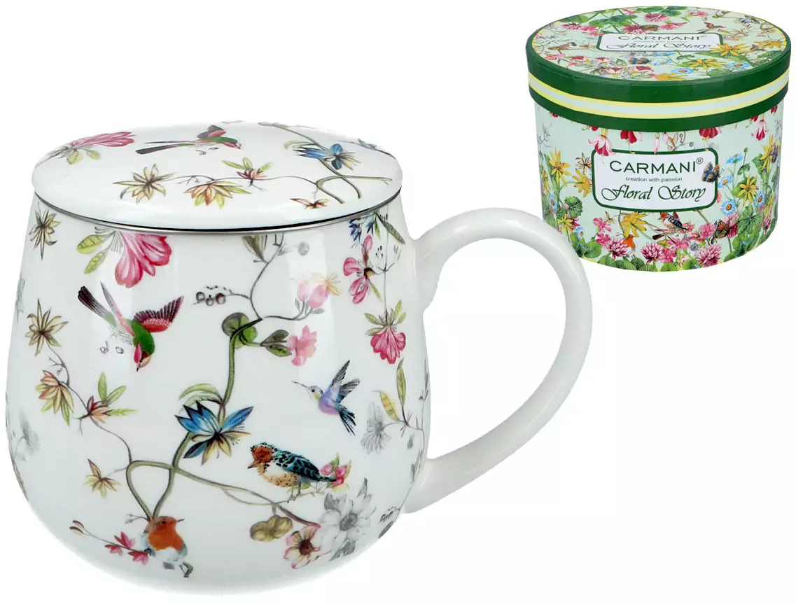 Kubek Floral Story 2 250 ml z metalowym zaparzaczem i porcelanowa pokrywka do herbaty