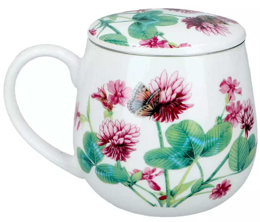Kubek porcelanowy z pokrywką Floral Story 3 – motyw czerwonej koniczyny i zielonych liści.