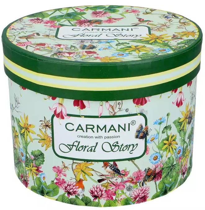 Ozdobne pudełko Carmani Floral Story z kolorowym kwiatowym wzorem i logo kolekcji.