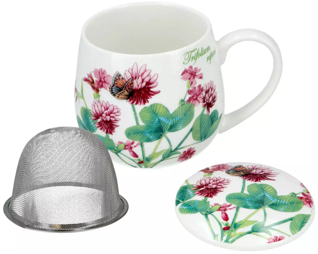 Zestaw kubka porcelanowego Floral Story 3 z zaparzaczem, przykrywką i kwiatowym zdobieniem.