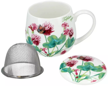 Zestaw kubka porcelanowego Floral Story 3 z zaparzaczem, przykrywką i kwiatowym zdobieniem.