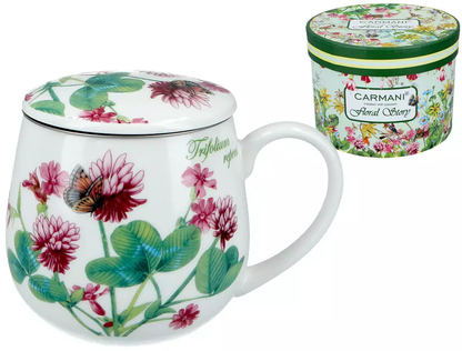 Kubek porcelanowy Floral Story 3 z przykrywką i pudełkiem, wzór koniczyny i motyla.