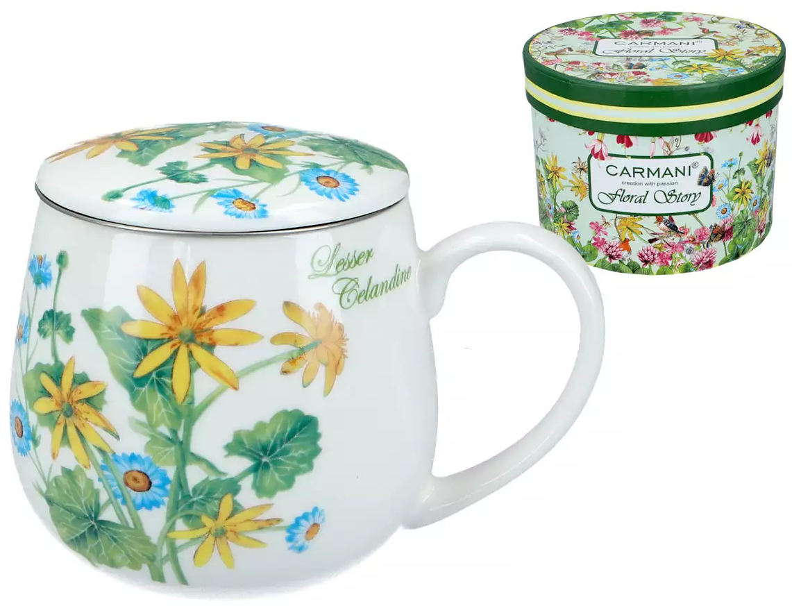 Kubek porcelanowy Carmani Floral Story 4 z pokrywką i pudełkiem prezentowym.