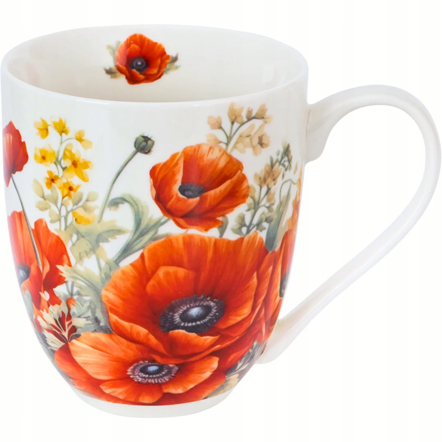 Porcelanowy kubek XXL Maki – widok z boku na wzór maków i żółtych kwiatów.