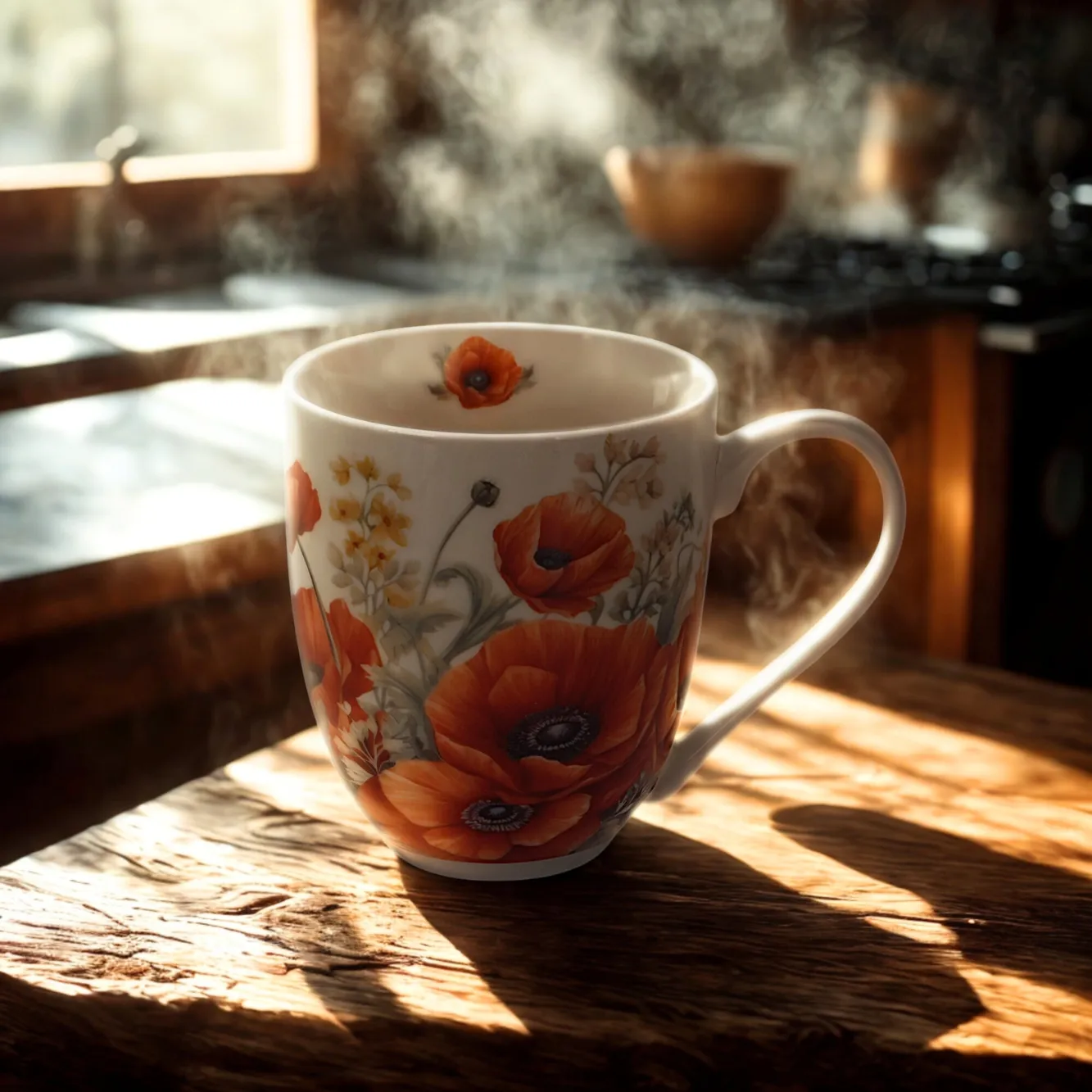 Kubek porcelanowy XXL Maki – 1000 ml z czerwonymi kwiatami na tle zielonych liści.