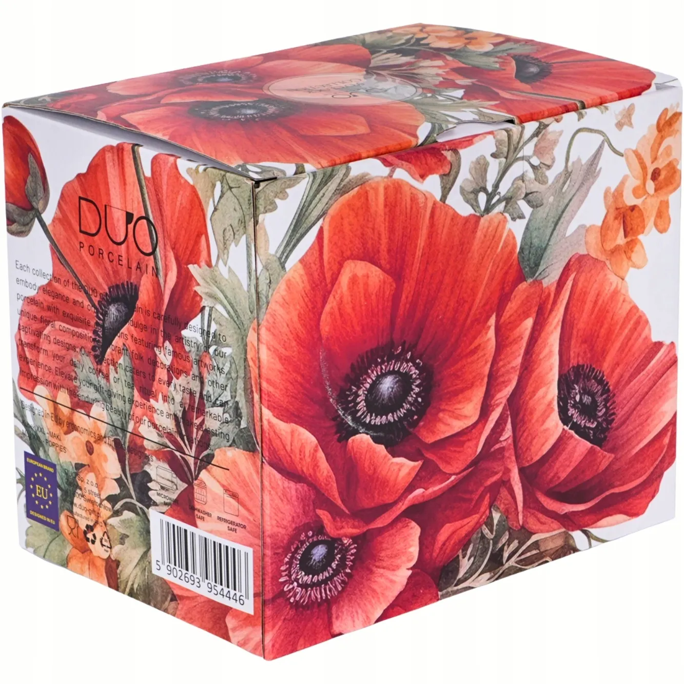 Ozdobne pudełko prezentowe z motywem maków, dopasowane do kubka porcelanowego.