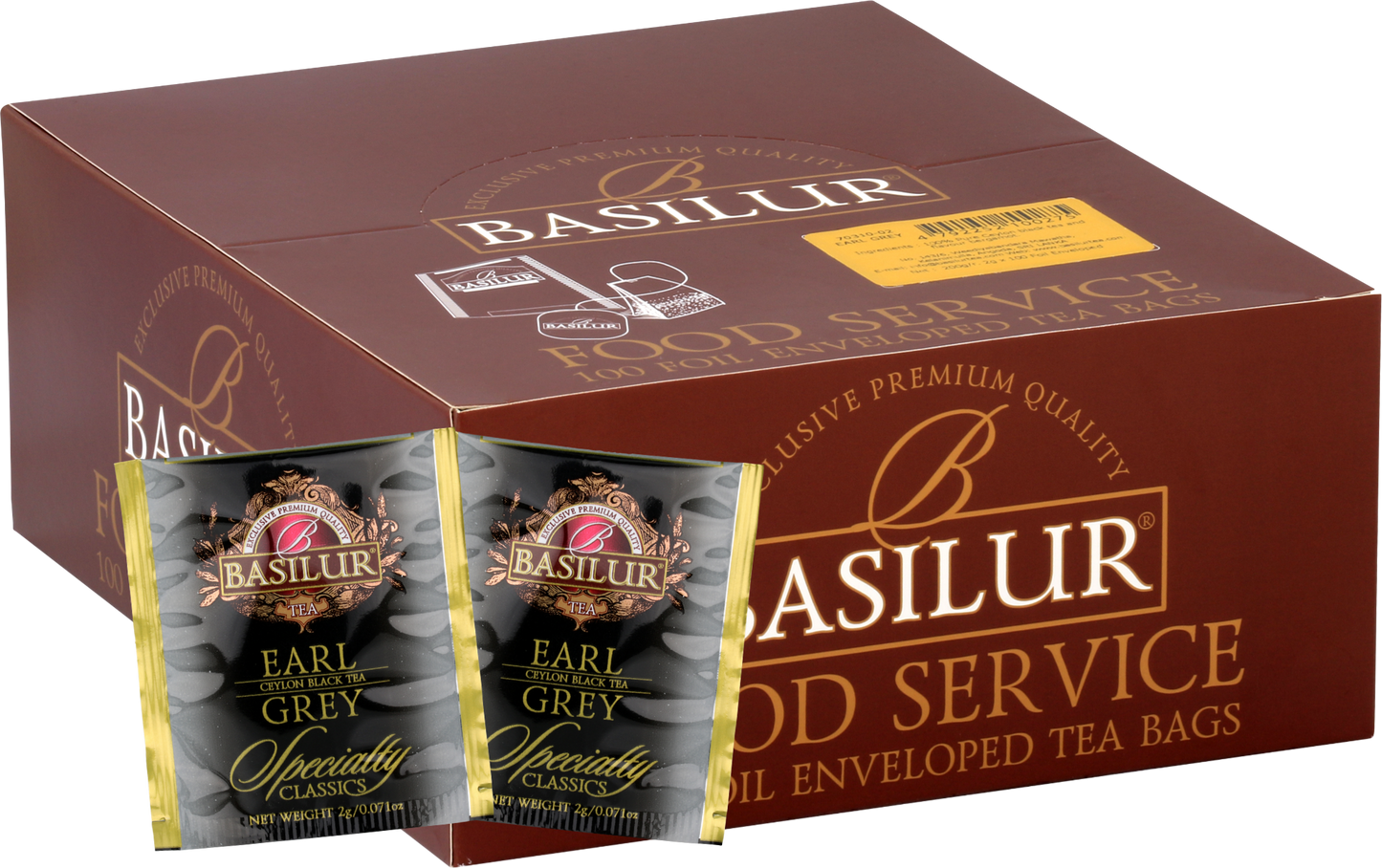 Opakowanie herbaty Basilur Earl Grey z widocznymi saszetkami czarnej herbaty cejlońskiej z aromatem bergamotki.