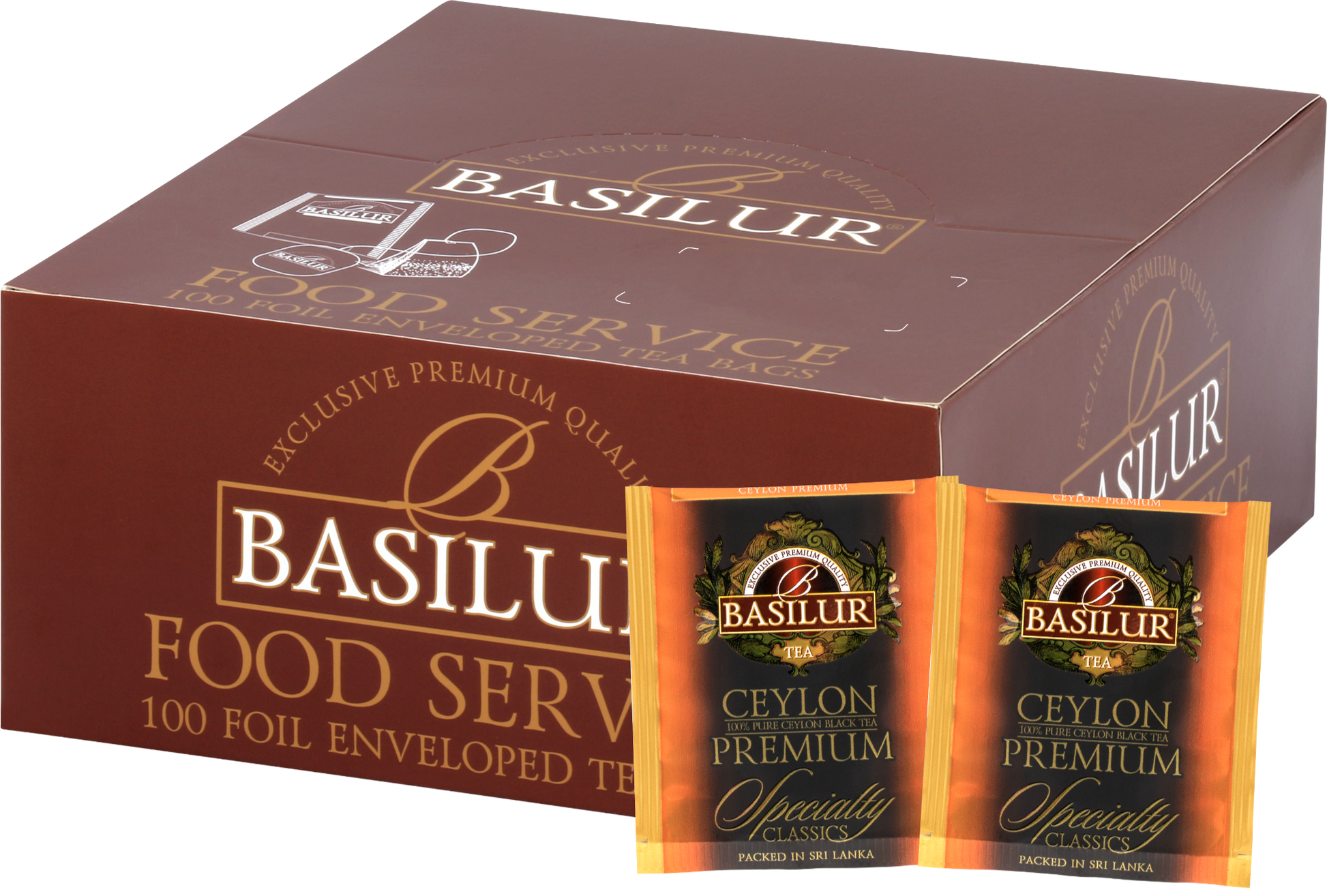 Opakowanie herbaty Basilur Ceylon Premium z widocznymi saszetkami czarnej herbaty cejlońskiej.