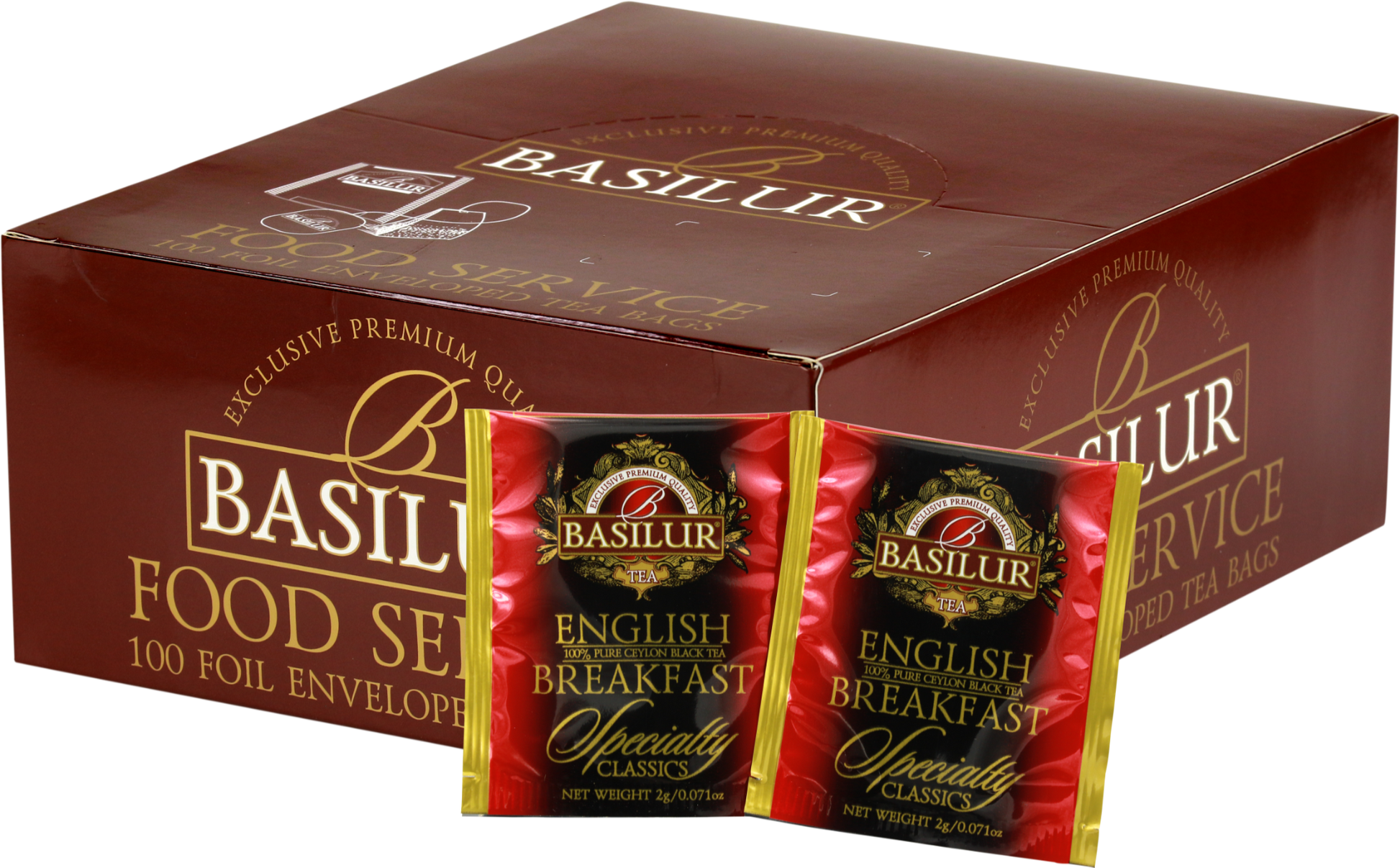 Opakowanie herbaty Basilur English Breakfast z widocznymi saszetkami czarnej herbaty cejlońskiej w czerwonych kopertach.