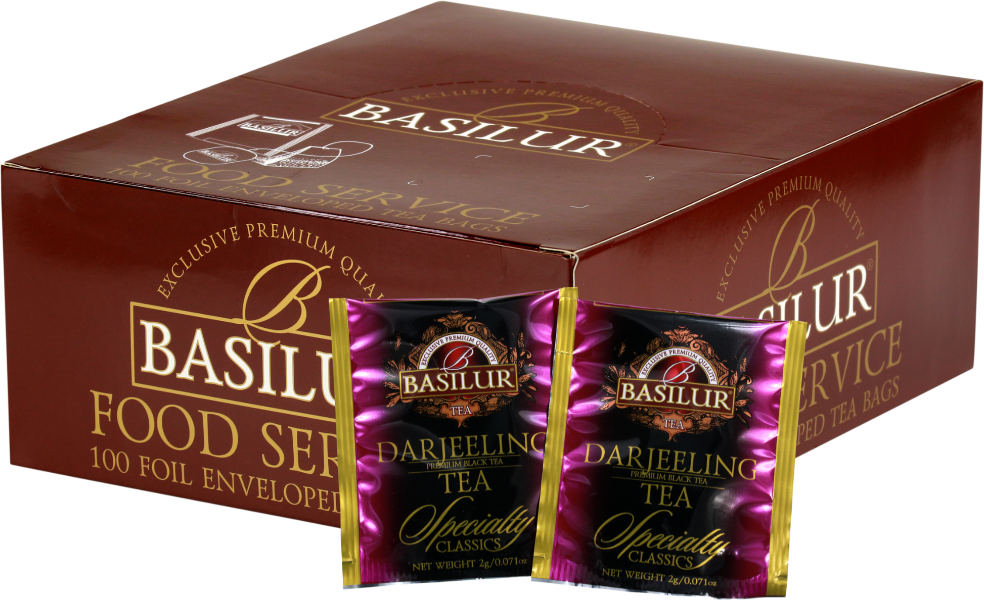 Opakowanie herbaty Basilur Darjeeling z widocznymi saszetkami czarnej herbaty cejlońskiej o delikatnym aromacie.