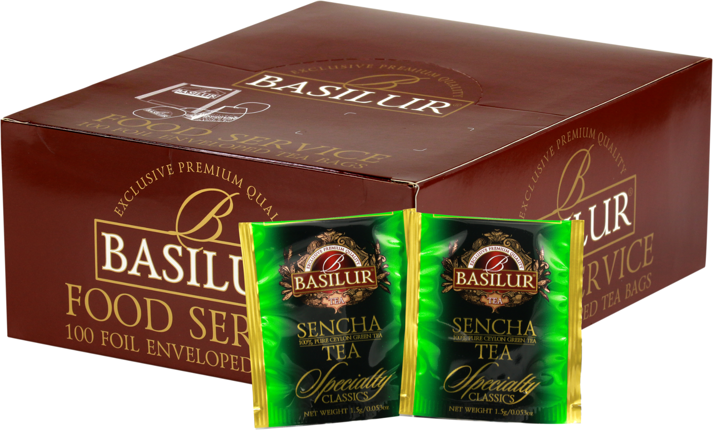 Opakowanie herbaty Basilur Sencha Classic z widocznymi saszetkami zielonej herbaty cejlońskiej w zielonych kopertach.