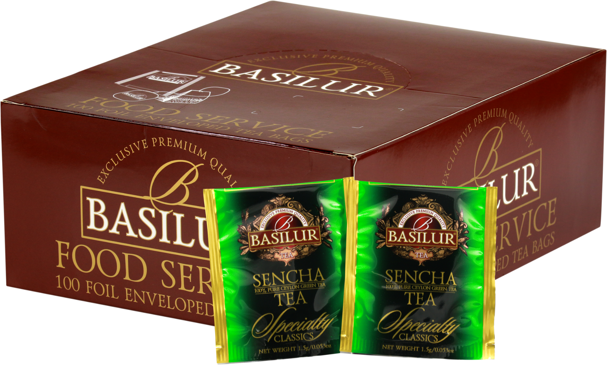Opakowanie herbaty Basilur Sencha Classic z widocznymi saszetkami zielonej herbaty cejlońskiej w zielonych kopertach.