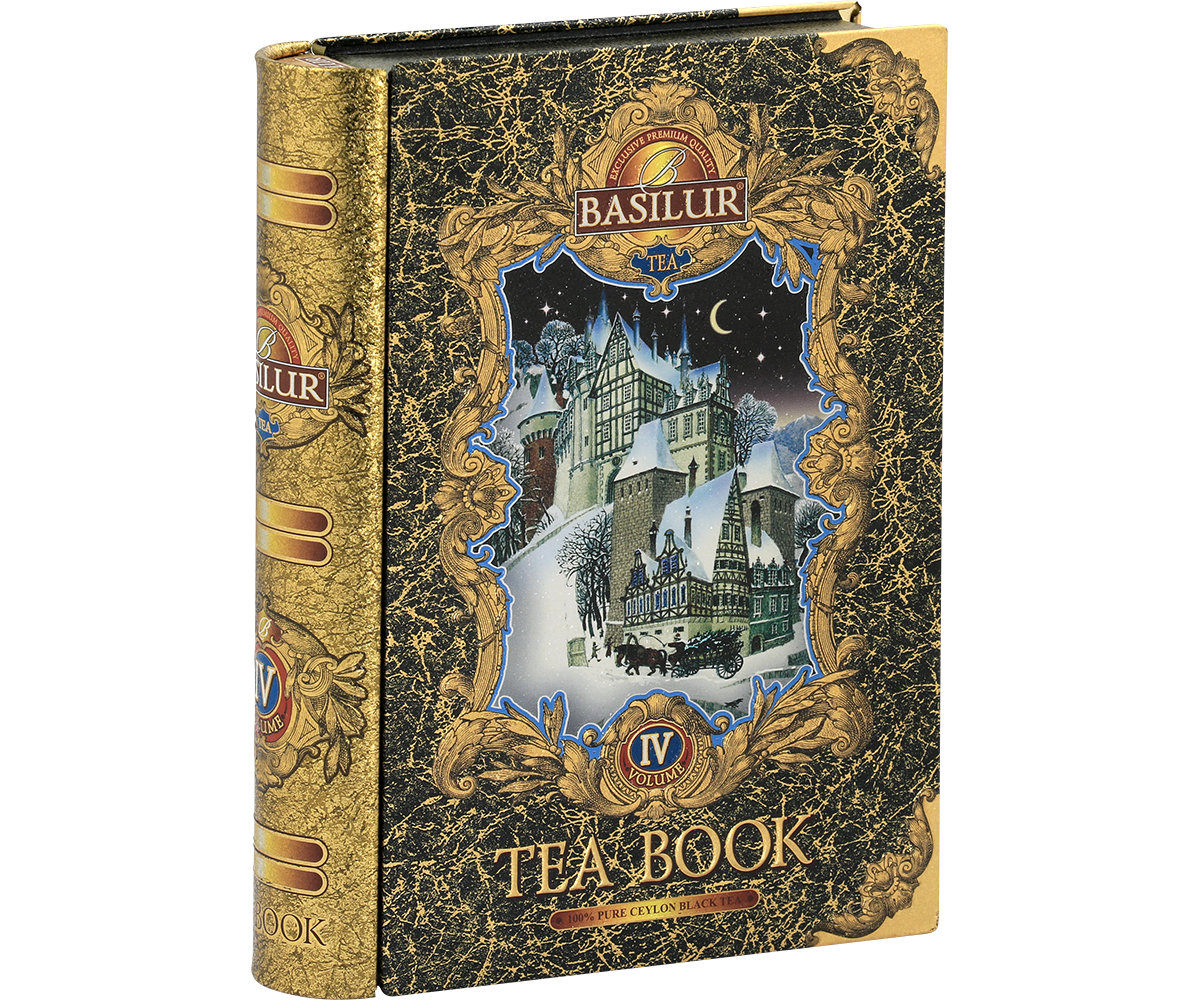 Widok boczny puszki Basilur Tea Book vol. IV – elegancki design w złoto-czarnych barwach.