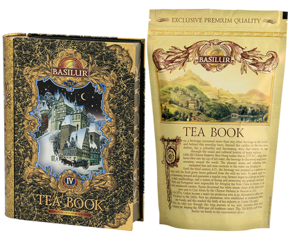 Herbata Basilur Tea Book vol. IV – ozdobna puszka z woreczkiem foliowym wewnątrz.