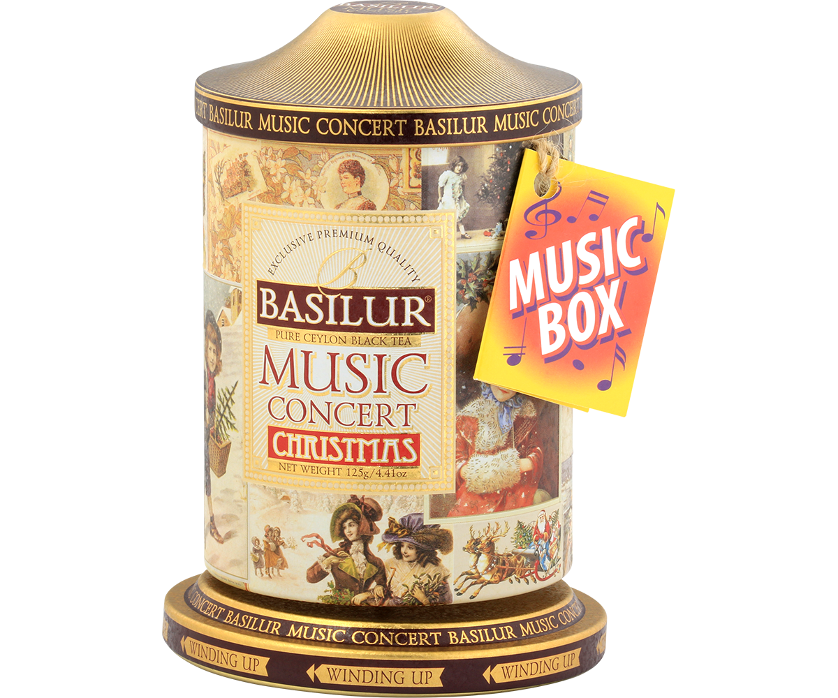 Herbata Basilur Music Concert Christmas widziana z lewej strony z ozdobnym motywem świątecznym