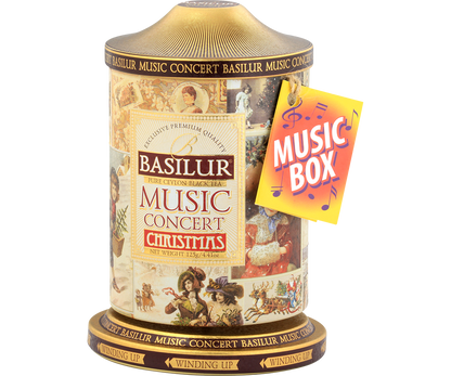 Herbata Basilur Music Concert Christmas widziana z lewej strony z ozdobnym motywem świątecznym