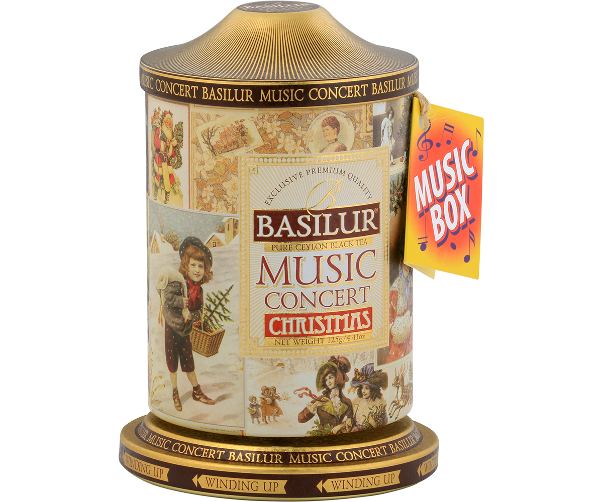 Puszka herbaty Basilur Music Concert Christmas w stylu retro z napisem Music Box