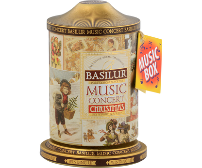 Puszka herbaty Basilur Music Concert Christmas w stylu retro z napisem Music Box