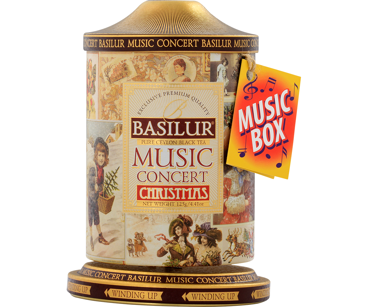 Puszka Basilur Music Concert Christmas z etykietą i świątecznymi ilustracjami