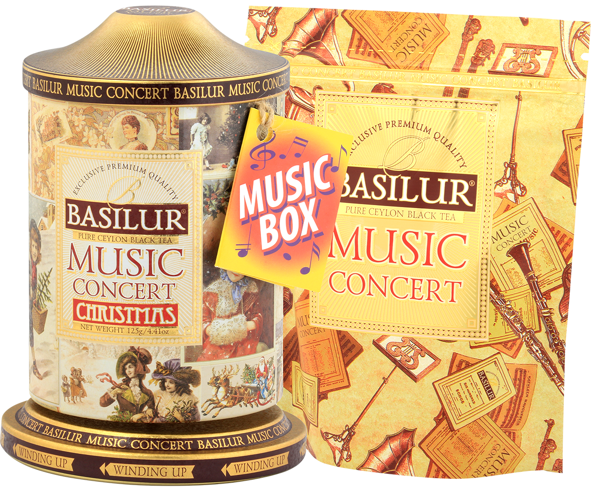 Zestaw Basilur Music Concert Christmas z elegancką puszką i złotym opakowaniem