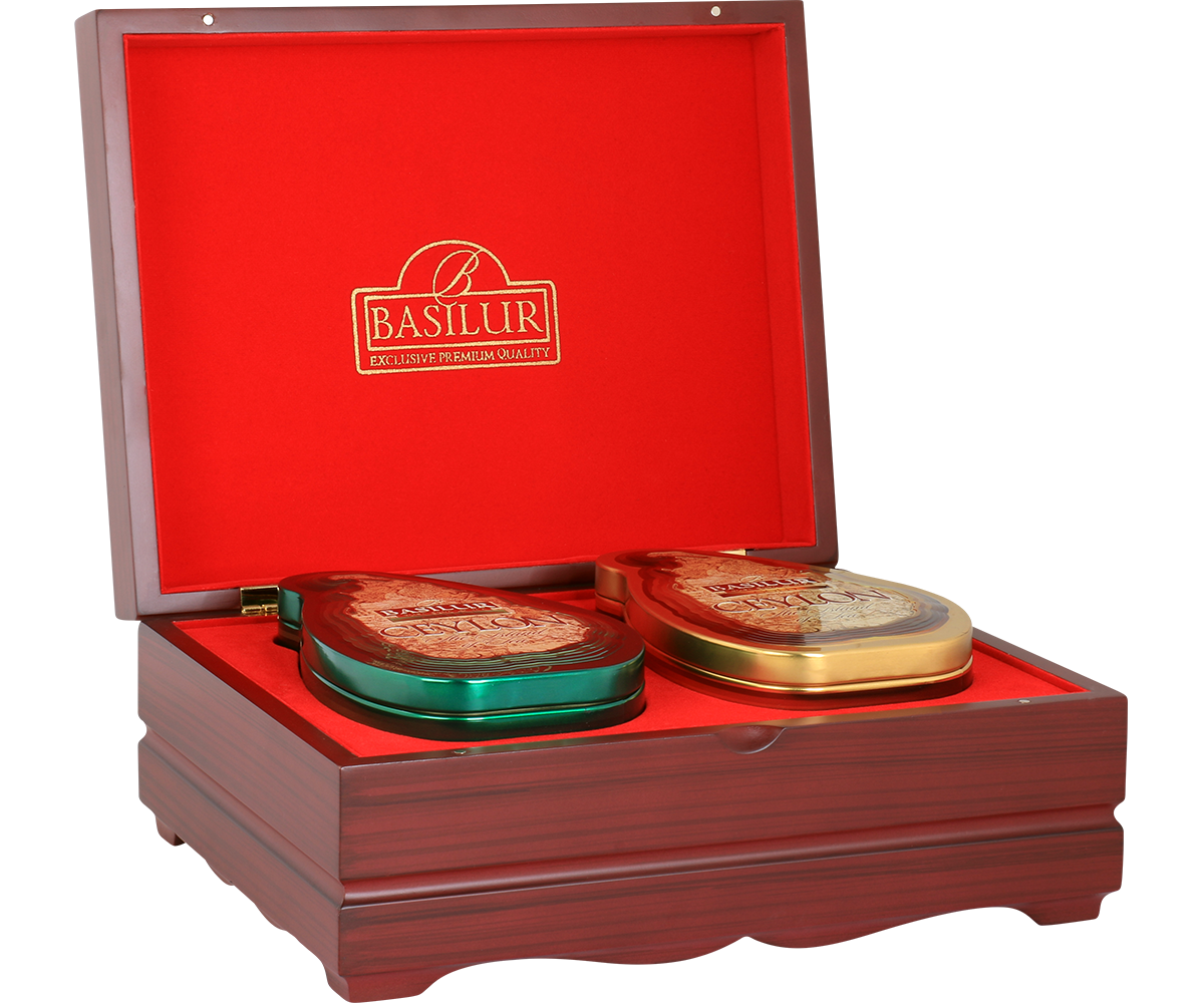 Otwarty ekspozytor Basilur Island of Tea – zestaw dwóch puszek w ozdobnym wnętrzu.