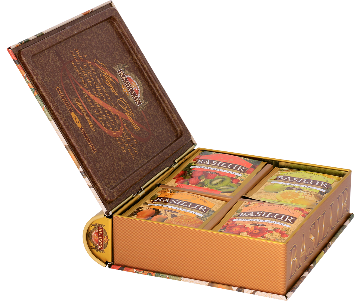 Otwarty zestaw Basilur Magiczne Owoce z czterema rodzajami herbat w kolorowych kopertach