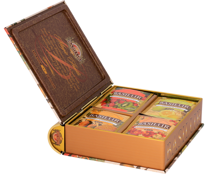 Otwarty zestaw Basilur Magiczne Owoce z czterema rodzajami herbat w kolorowych kopertach