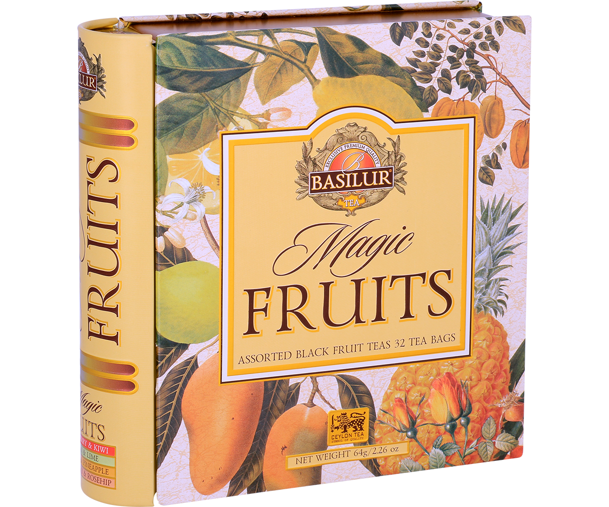 Zestaw Basilur Magiczne Owoce prezentowany pod kątem z widocznymi owocami tropikalnymi